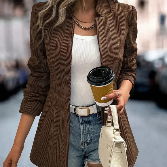 Coffee Brown Casual Women's Herringbone Pattern Long Sleeve Overcoat - Picture 5 of 7